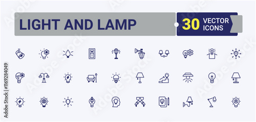 Set of Light And Lamp line icons. It contains symbols to spotlight, power, sun, room, efficient and more. Collection for mobile and web apps. Vector illustration in modern line style.