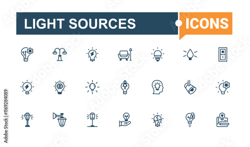 Set of Light Sources line icons. It contains symbols to retro, chandelier, pendant, lantern, glow, diode and more. Icons for UI. Solid line editable stroke.