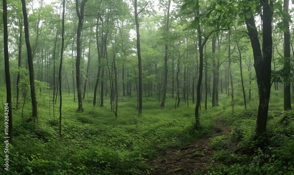 Lush Green Forest Landscape with Misty Atmosphere, Dense Trees, and Vibrant Underbrush Lush Green Forest Landscape with Misty Atmosphere, Dense Trees, and Vibrant Underbrush