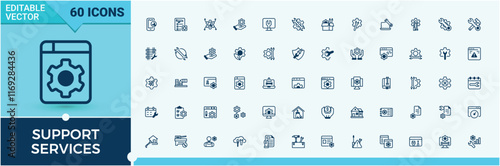 Support Services line icons set. Contains such icons as dust, Maintenance, engine, tools, men and more. Set of line pictogram. Solid line editable stroke. Vector line and solid icons.