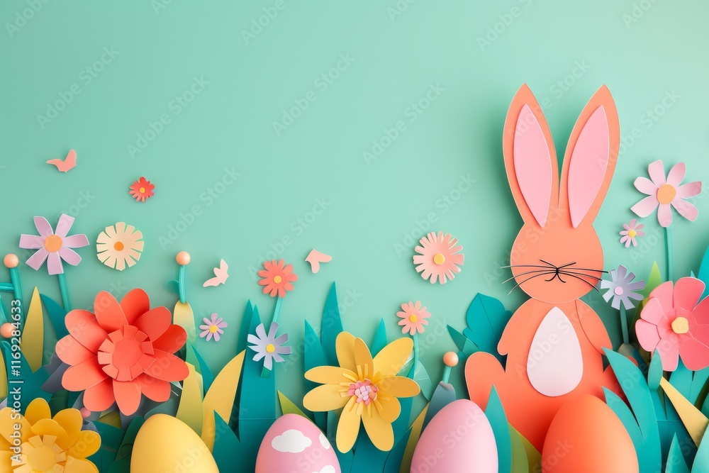 An Easter bunny and eggs cut out of colored paper with flowers. Easter celebration concept
An Easter bunny and eggs cut out of colored paper with flowers. Easter celebration concept