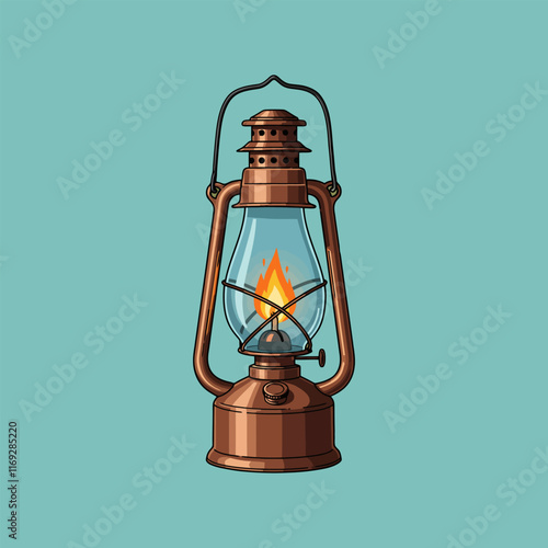 The image shows a lit antique copper oil lantern with a clear glass globe against a teal background.