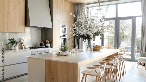 Waterfall countertops kitchen interior design concept. Modern kitchen with wooden accents and a large island centerpiece.