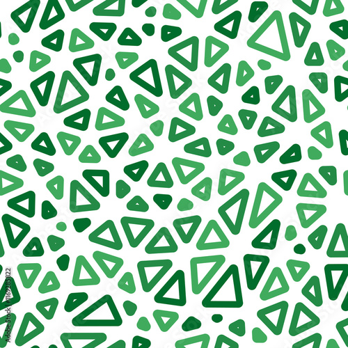 Triangle shapes background. Compact triangles size. Mono tone style. Rounded triangles outlined. Repeatable pattern. Green Oasis Trail. Artistic vector tiles. Seamless vector illustration.