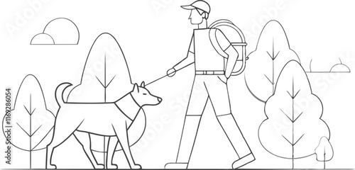 backpacker man and dog friend walking in nature together discovering lifestyle line art