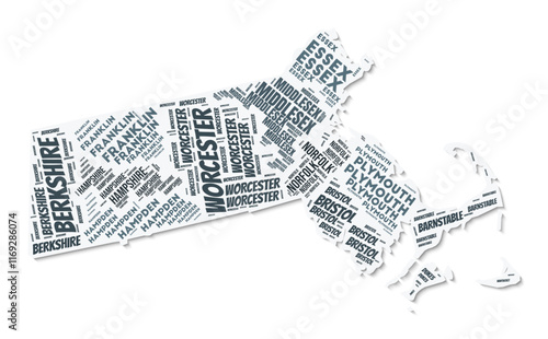 Massachusetts shape text cloud. State border with shadow on white background. Massachusetts with counties division in vintage gazette style. Classy vector illustration.