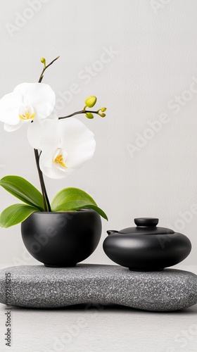 Serene minimalist still life featuring a delicate white orchid in a sleek black pot, accompanied by a matte black teapot, resting on a smooth gray stone.  A study in contrasts and calm.