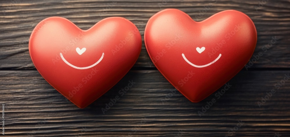 Fototapeta premium Two red heart-shaped decorations with smiling faces on a wooden surface, symbolizing love and affection.
