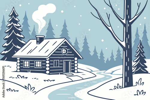 A serene winter scene with a small log cabin nestled in a snow-blanketed forest. The cabin, with smoke curling from its chimney, sits near a frozen river. The snow sparkles under the soft light of a c