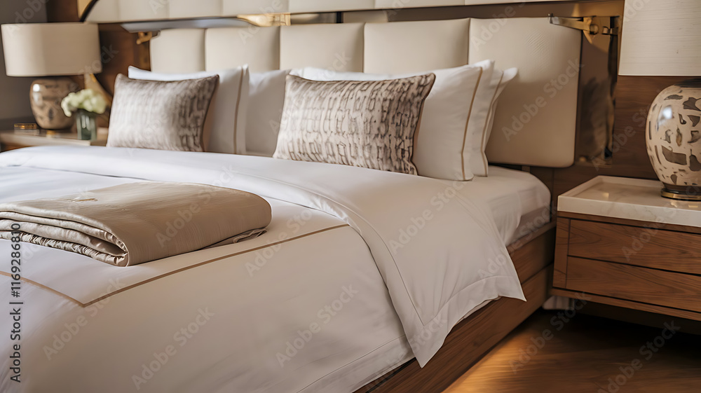 Obraz premium Bedroom Interior: King-Sized Bed with Neutral Linens and Wooden Nightstands