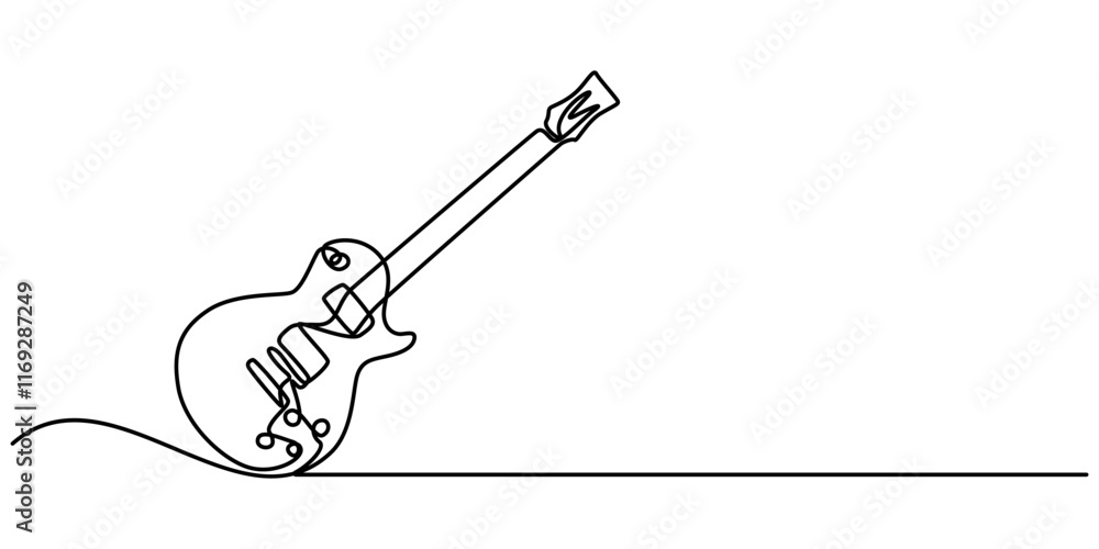 Obraz premium The continuous one-line drawing represents a guitar music instrument. The illustration is simple and modern, One continuous single line of classic guitar isolated on white background, sketch drawing. 