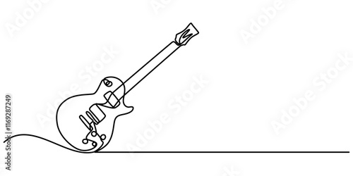 The continuous one-line drawing represents a guitar music instrument. The illustration is simple and modern, One continuous single line of classic guitar isolated on white background, sketch drawing. 