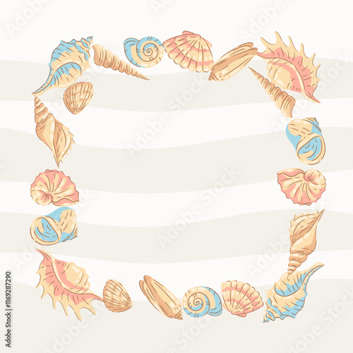 Frame with seashells. Tropical underwater mollusk shells illustration.