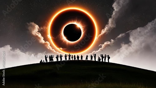 Silhouettes of People Observing a Solar Eclipse Against a Dramatic Night Sky with Ring of Fire

 photo