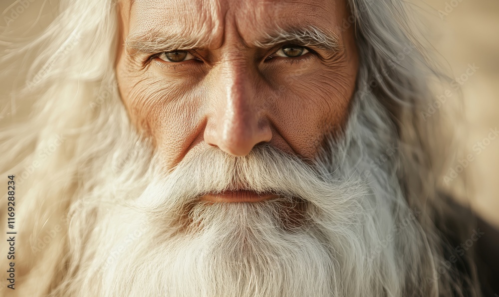 Elderly man with long white beard and intense gaze, showcasing wisdom and experience, detailed facial features and deep-set eyes Elderly man with long white beard and intense gaze, showcasing wisdom and experience, detailed facial features and deep-set eyes