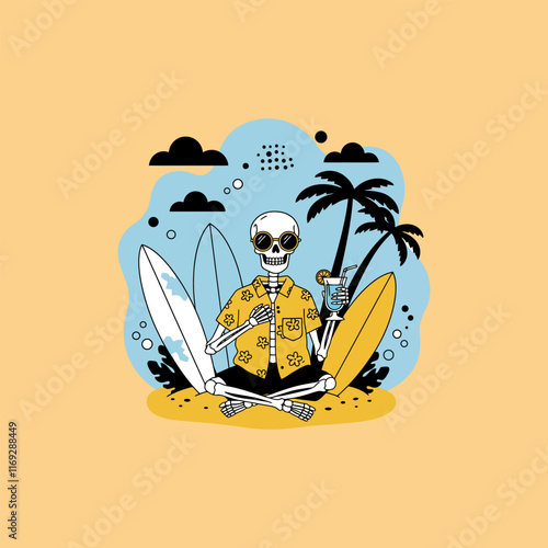 A cartoon skeleton relaxes on a tropical beach with surfboards, enjoying a cocktail.