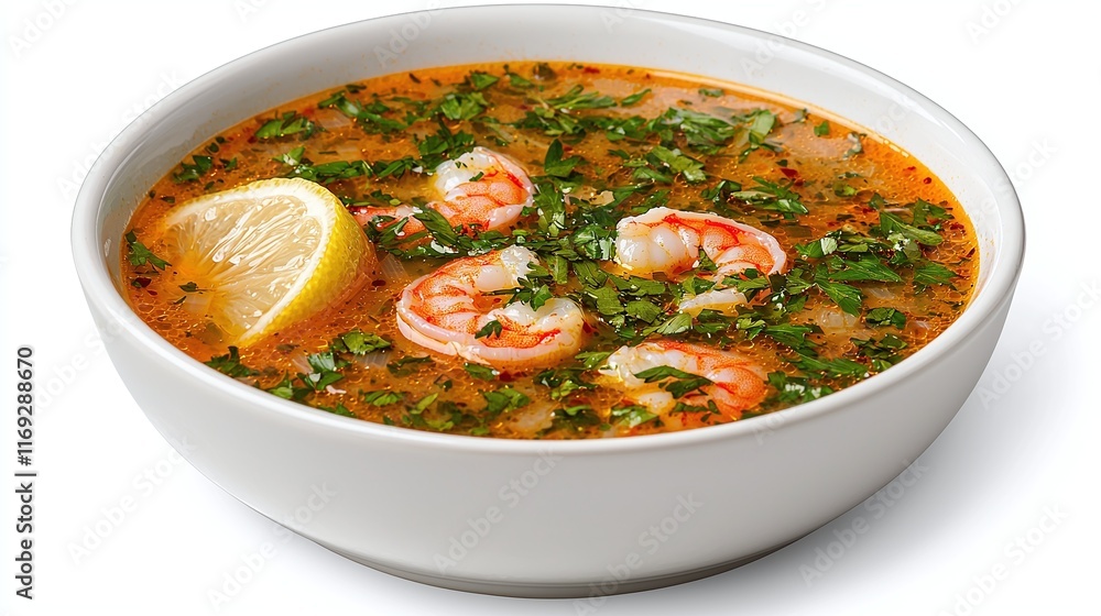 Delicious shrimp soup in a bowl, garnished with lemon and parsley. Delicious shrimp soup in a bowl, garnished with lemon and parsley.