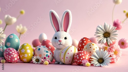 Easter bunny figurine surrounded by colorful painted eggs on a soft pink background

 photo