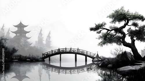 Serene Ink Wash Painting: Misty Mountain Bridge and Pagoda in a Tranquil Garden AI Generated