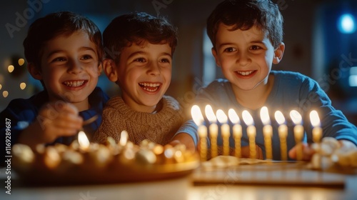 Three happy children lighting hanukkah menorah candles at home photo