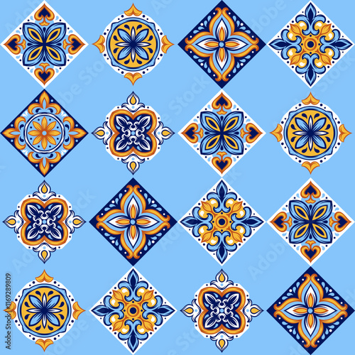 Portuguese ceramic tile pattern. Mediterranean traditional ornament. Italian or spanish majolica.