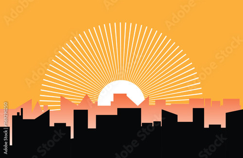 Industrial City Silhouette in the Sun. Town and commercial district concept vector art