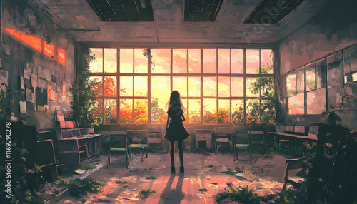 Girl Silhouetted Against Sunset In Abandoned Classroom