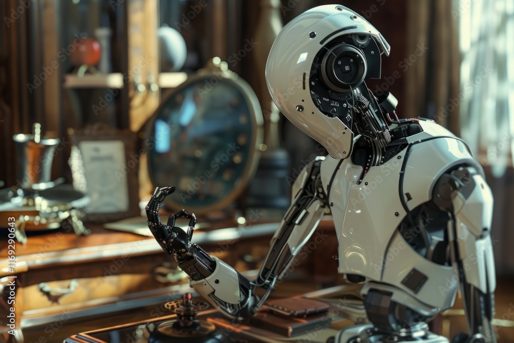 A robot is sitting at a desk with a clock in the background A robot is sitting at a desk with a clock in the background
