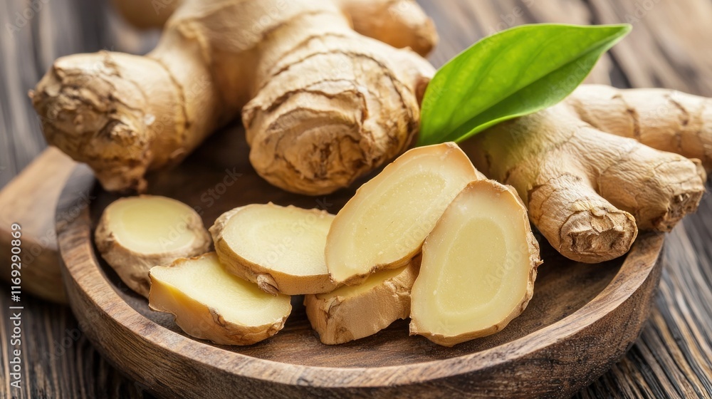 Fresh ginger root and slices on a wooden plate, accompanied by a green leaf, highlighting its natural texture and earthy tones. Fresh ginger root and slices on a wooden plate, accompanied by a green leaf, highlighting its natural texture and earthy tones.