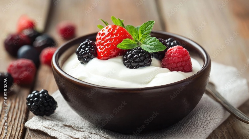 A creamy yogurt bowl topped with fresh strawberries, blackberries, and raspberries, garnished with a sprig of mint, set on a rustic wooden table. A creamy yogurt bowl topped with fresh strawberries, blackberries, and raspberries, garnished with a sprig of mint, set on a rustic wooden table.