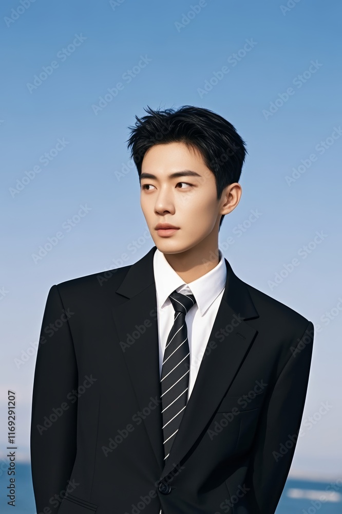 arafed asian man in a suit and tie standing by the ocean arafed asian man in a suit and tie standing by the ocean