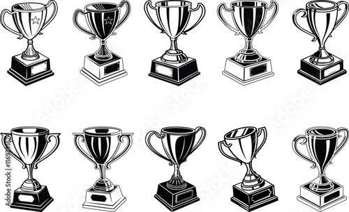 Trophy set silhouette vector illustration, trophy cup line art vector