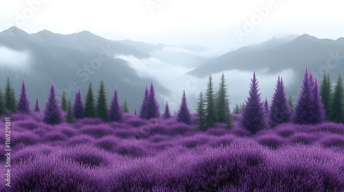 Lavender Field And Purple Trees In Misty Mountains photo