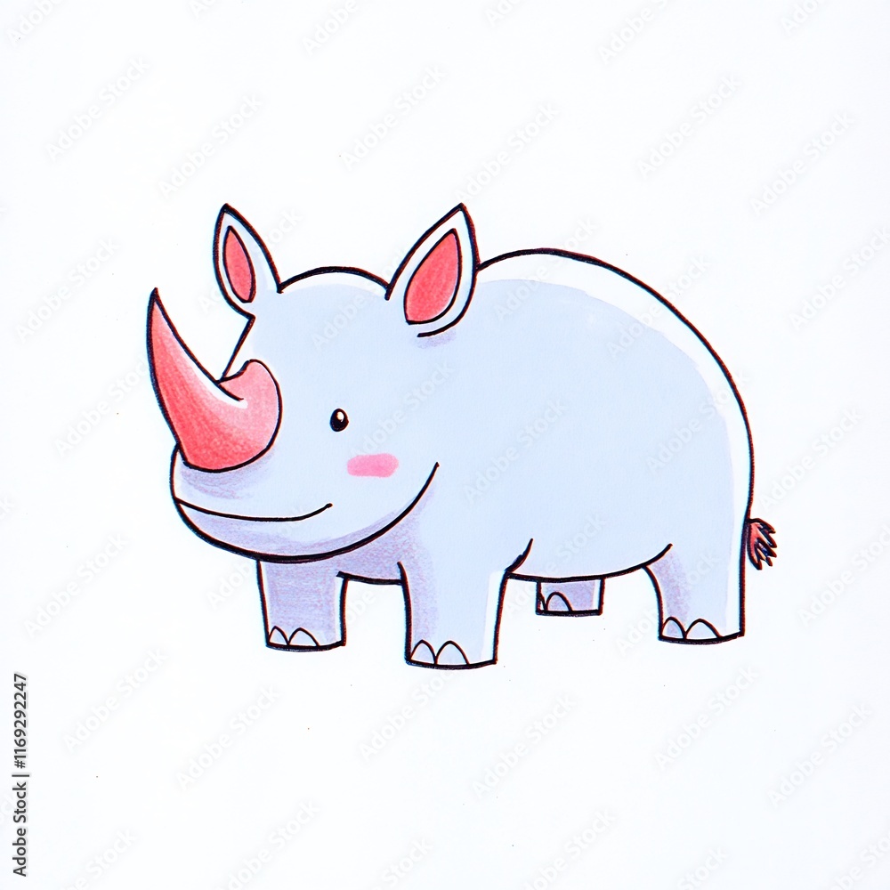 Fototapeta premium Charmingly Illustrated Cartoon Rhino: Sweet Hand-Drawn Sketch on Light Background. AI Generated