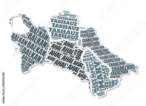 Turkmenistan shape text cloud. Country border with shadow on white background. Turkmenistan with regions division in vintage gazette style. Elegant vector illustration.
