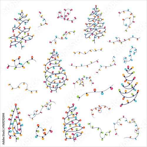 Set Christmas garland in the shape of a Christmas tree. Colored light bulbs. Decoration for the Christmas tree. Vector illustration on a white background.