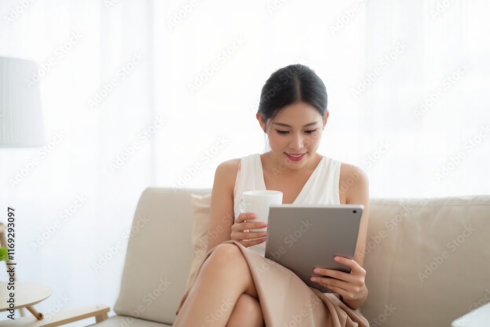Young Woman Enjoys Coffee While Using Tablet in Cozy Living Room Young Woman Enjoys Coffee While Using Tablet in Cozy Living Room