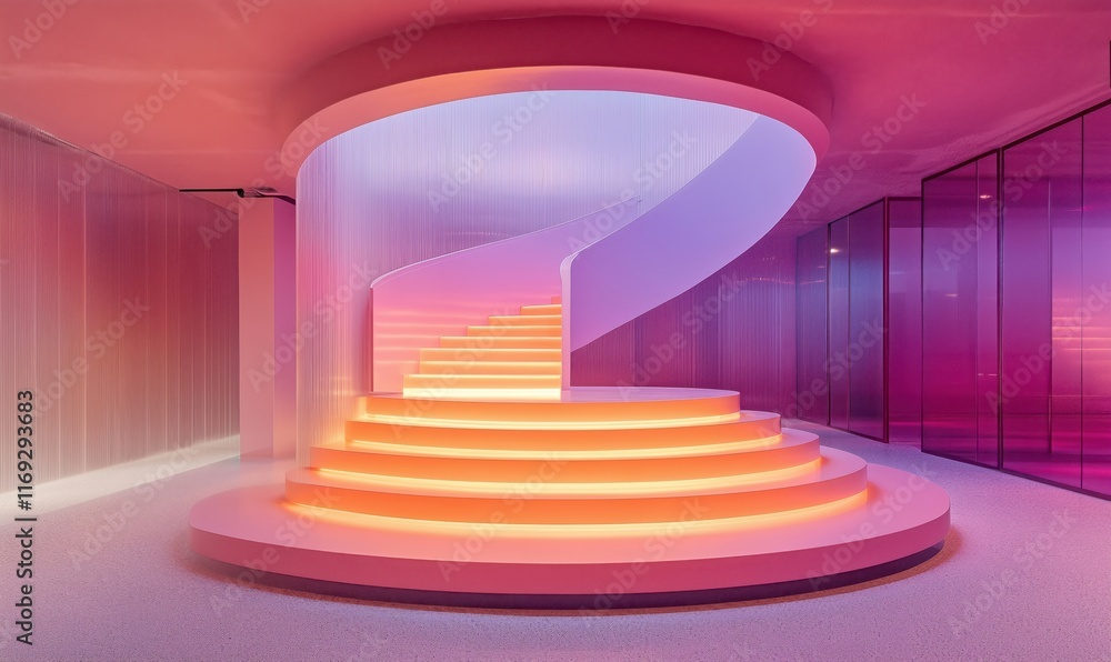 Spiral staircase illuminated with vibrant pink and orange lights in modern architectural space, featuring sleek design and colorful ambiance Spiral staircase illuminated with vibrant pink and orange lights in modern architectural space, featuring sleek design and colorful ambiance