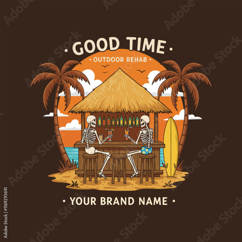 Two skeletons relax at a beach bar enjoying cocktails during a vibrant sunset.