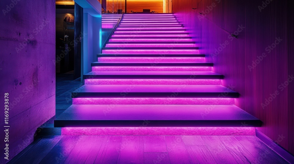 Illuminated staircase with purple and pink LED lights. Illuminated staircase with purple and pink LED lights.
