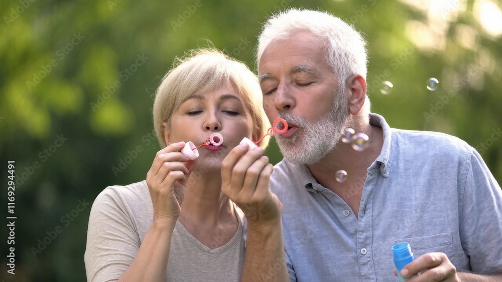 Fototapeta premium Happy Couple Blowing Bubbles in a Green Garden on a Sunny Day