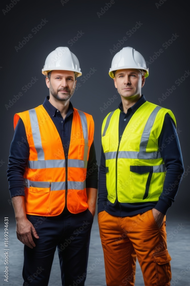 two men in safety vests and hard hats standing next to each other two men in safety vests and hard hats standing next to each other