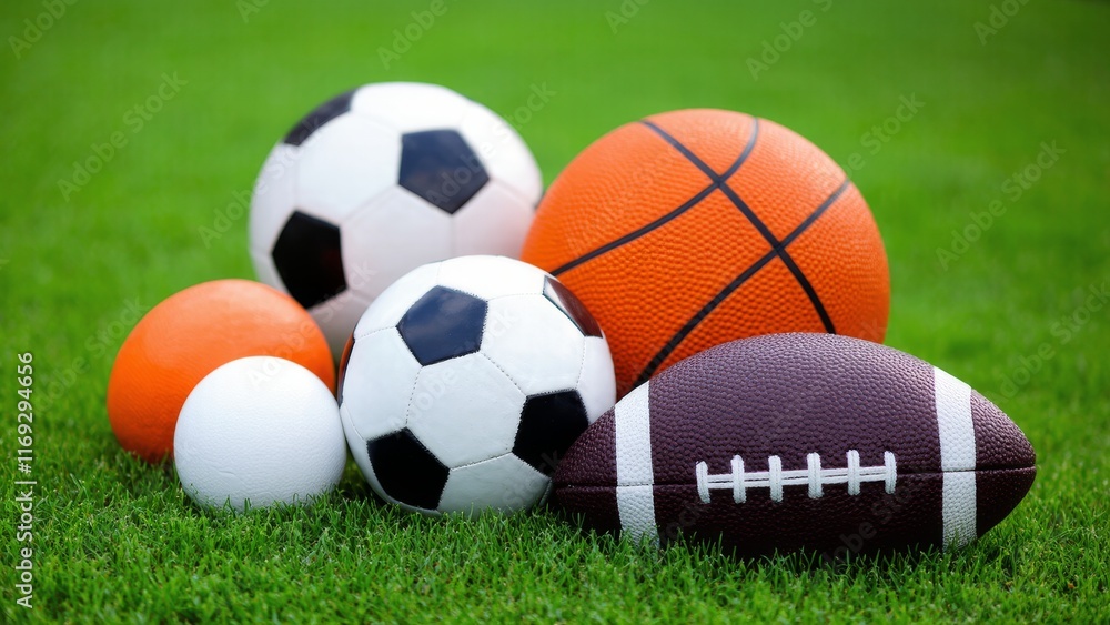 Assorted Sports Balls on Green Grass for Athletic Activities Assorted Sports Balls on Green Grass for Athletic Activities