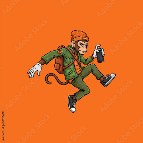 A cartoon monkey, dressed in stylish streetwear, dynamically leaps while holding a spray can, suggesting a graffiti artist.