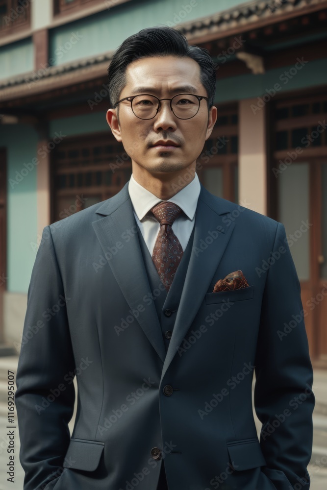 Fototapeta premium arafed asian man in a suit and tie standing in front of a building