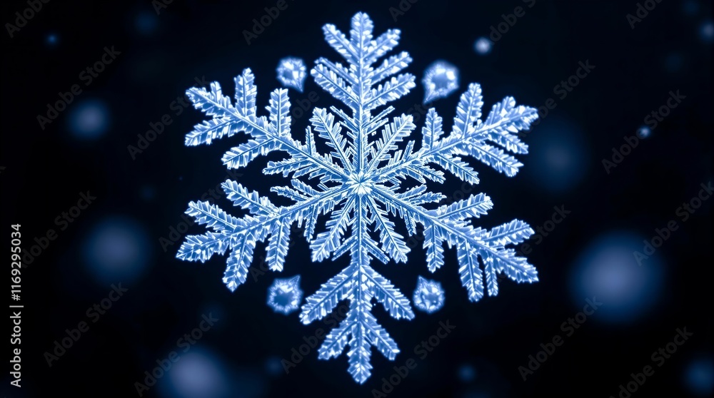 close-up photograph of a single snowflake with intricate, detailed branches and a shiny, frost-covered appearance, set against a blurred dark background with a few small, bright snowflakes scattered a