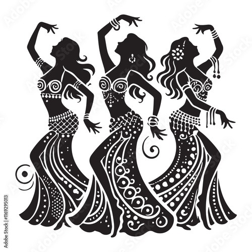 Belly Dance Silhouette Vector Illustration, Solid White Background.