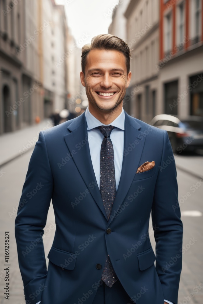 arafed man in a blue suit and tie standing in a street arafed man in a blue suit and tie standing in a street