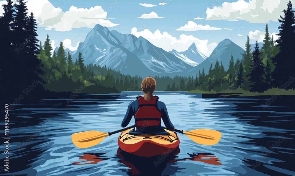 Kayaking Adventure in Serene Mountain Lake Surrounded by Lush Forests and Majestic Peaks Kayaking Adventure in Serene Mountain Lake Surrounded by Lush Forests and Majestic Peaks