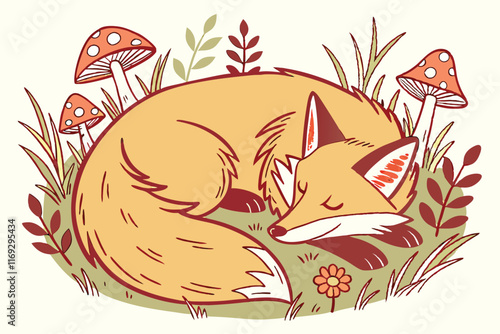 A striking watercolor-style painting of a serene fox curled in sleep. The fox’s form is infused with a forest floor scene, featuring mushrooms, wildflowers, and soft green moss. Warm amber, rusty reds